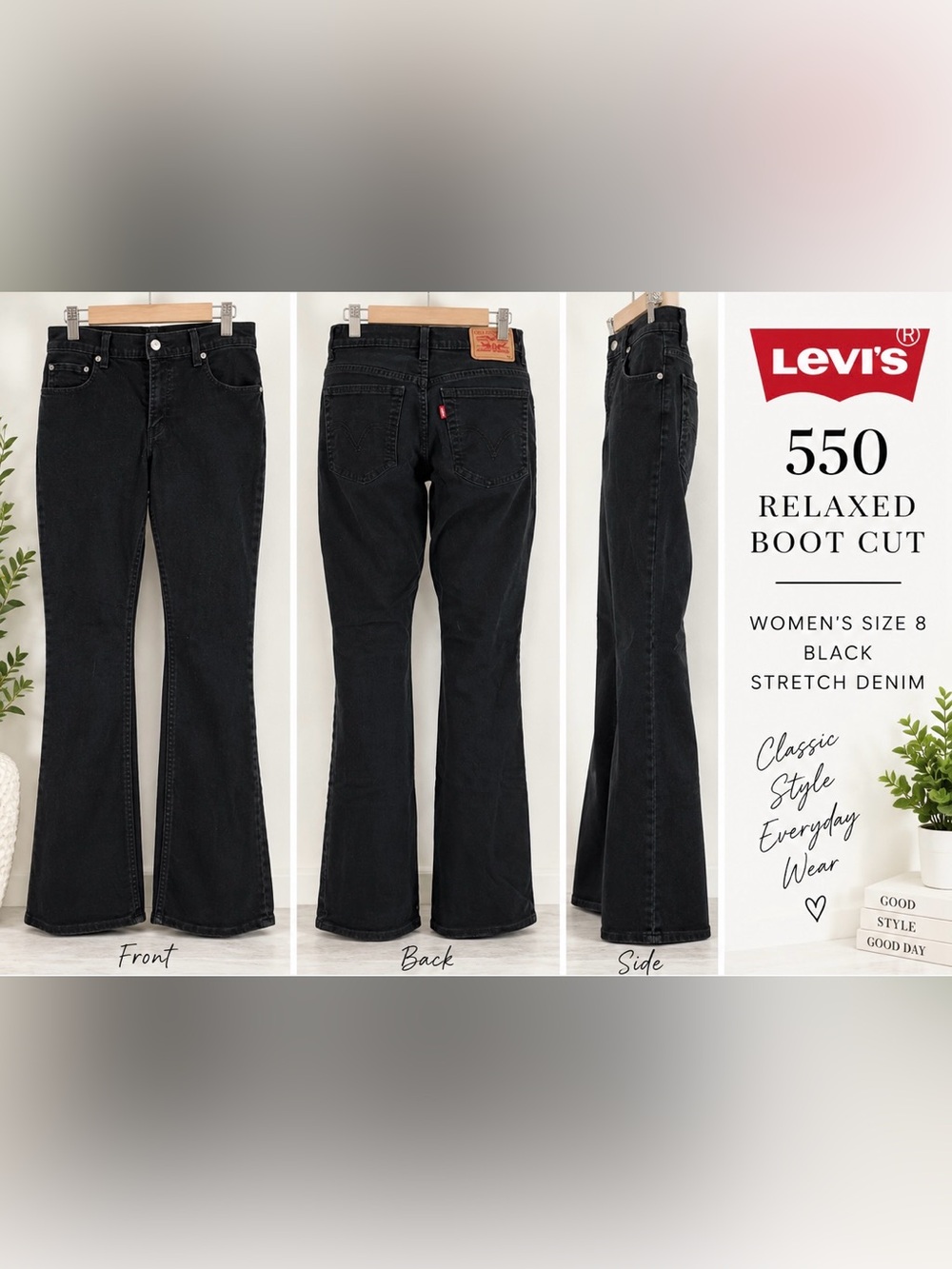 Leviās 550 Relaxed Bootcut Jeans Womenās Size 8 Black Stretch Denim